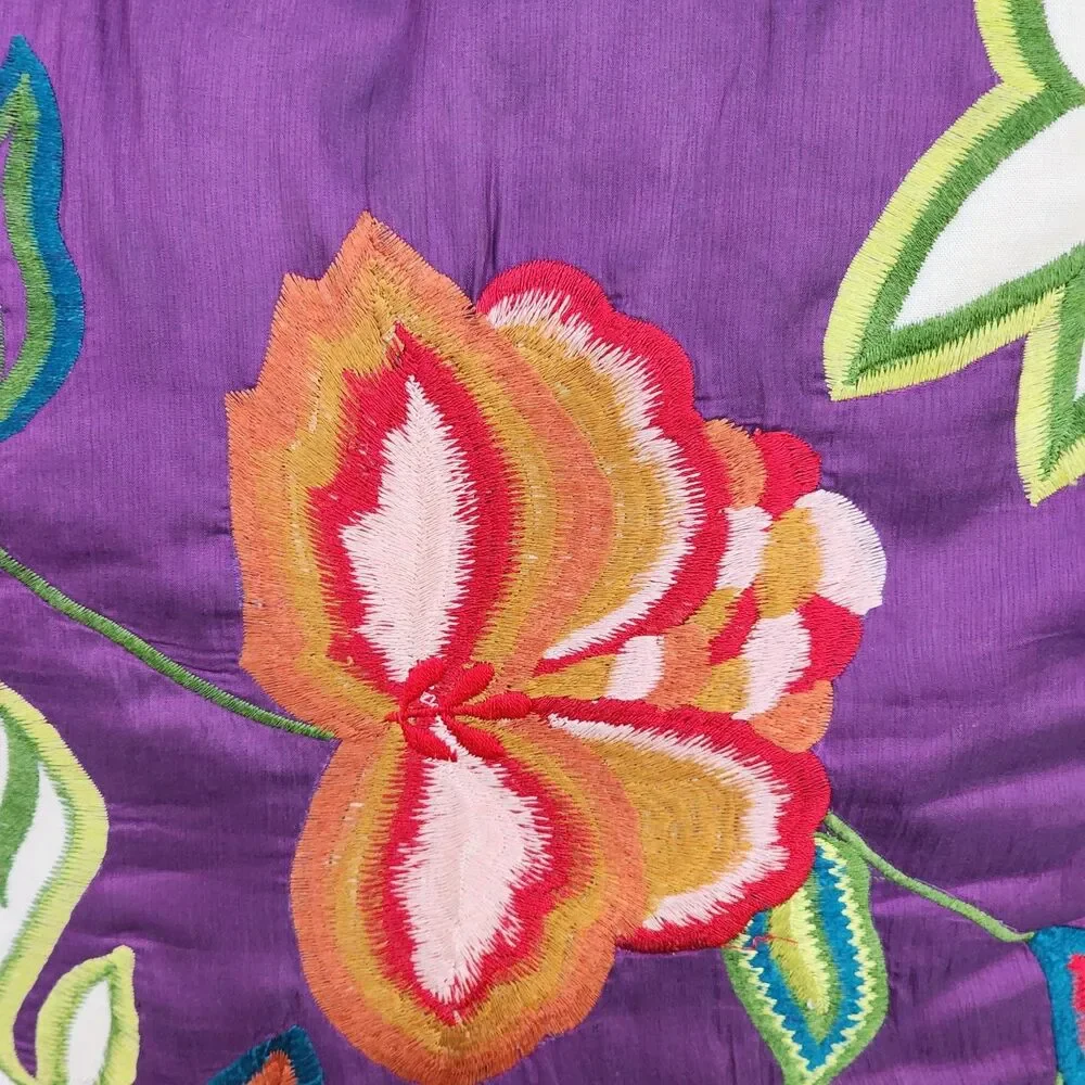 Pier 1 Boho Embroidered Silk Throw Pillow Purple Floral Patchwork Applique